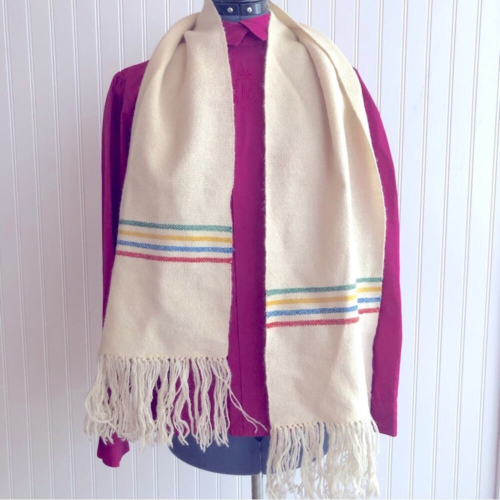 Vintage Rainbow Stripe Scarf Fringed Cream Knit Wool Retro Long Pendleton Stripe